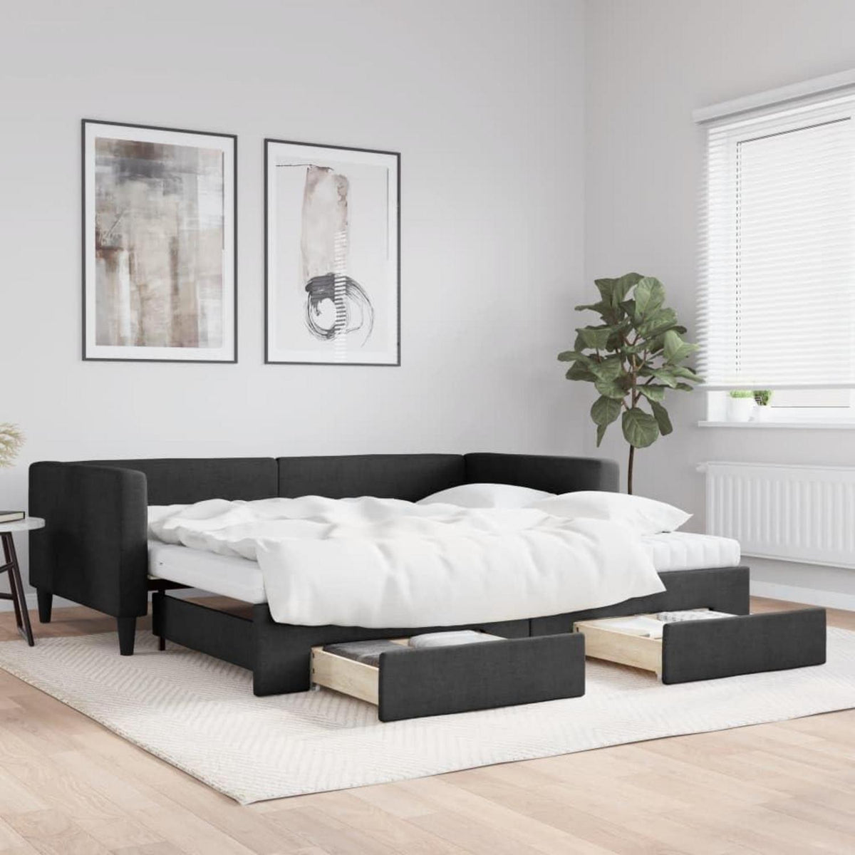 Tagesbett ausziehbar mit Schubladen – 2-Sitzer Sofabett Schwarz 100x200 cm