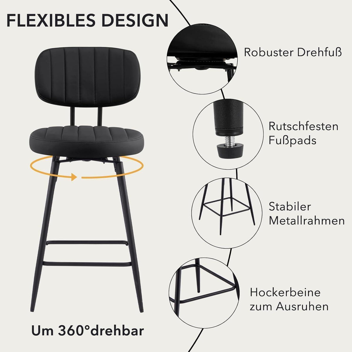 Barhocker Set 4er –, 66cm Sitzhöhe, Schwarz in Lederoptik