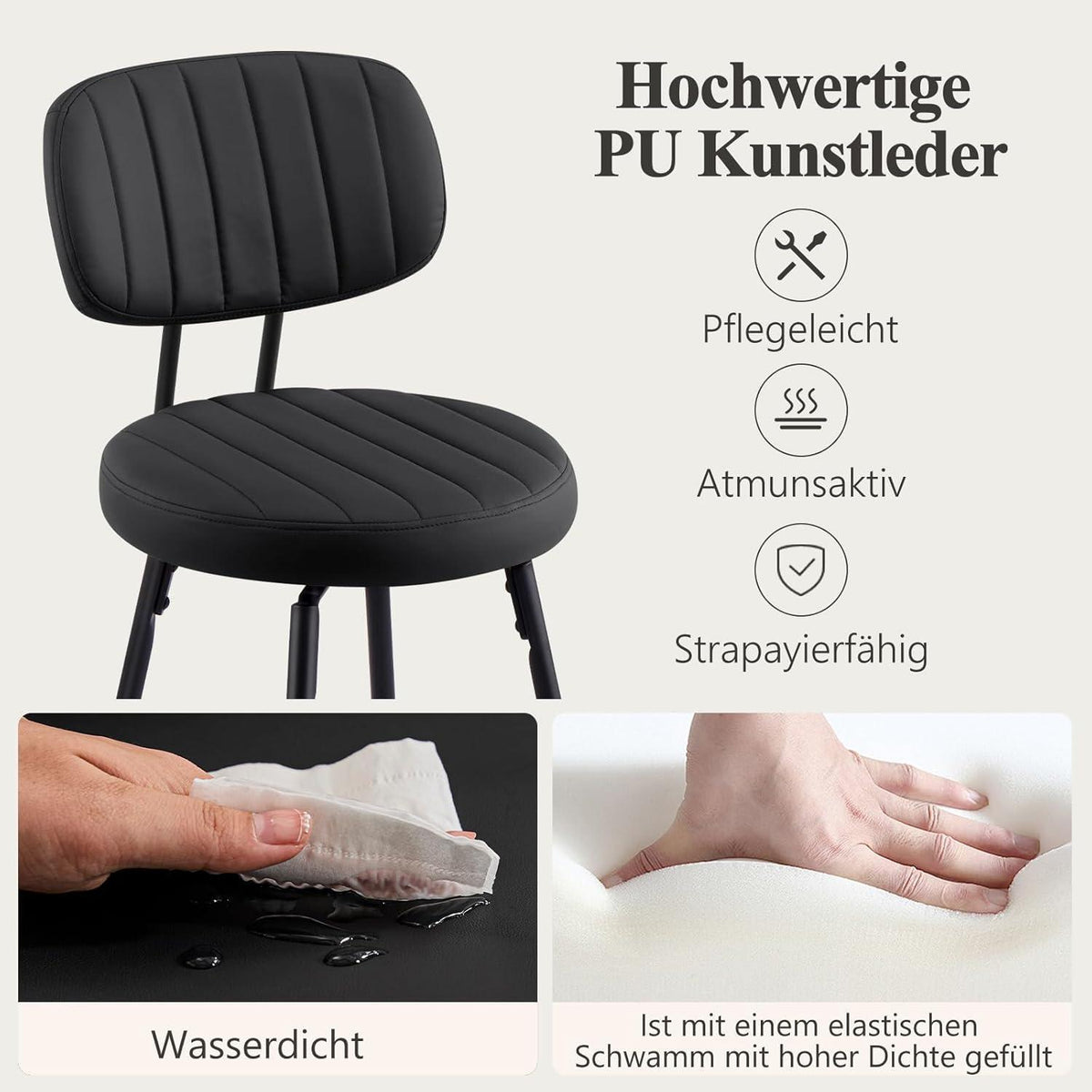 Barhocker Set 4er –, 66cm Sitzhöhe, Schwarz in Lederoptik