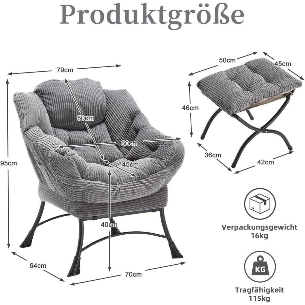 Moderner Ohrensessel mit Hocker & Seitentasche – Cord Grau