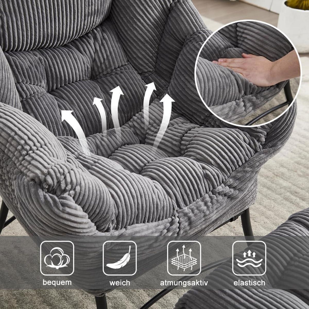 Moderner Ohrensessel mit Hocker & Seitentasche – Cord Grau