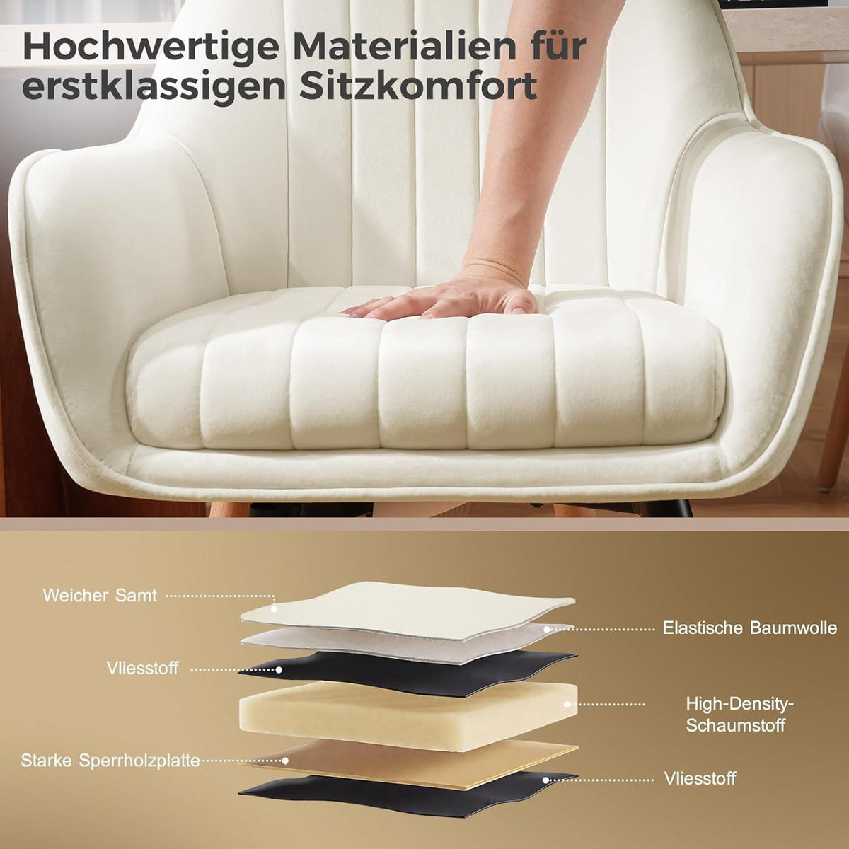 Esszimmerstühle 6er Set, 360° Drehbar, Cremeweiß Samt