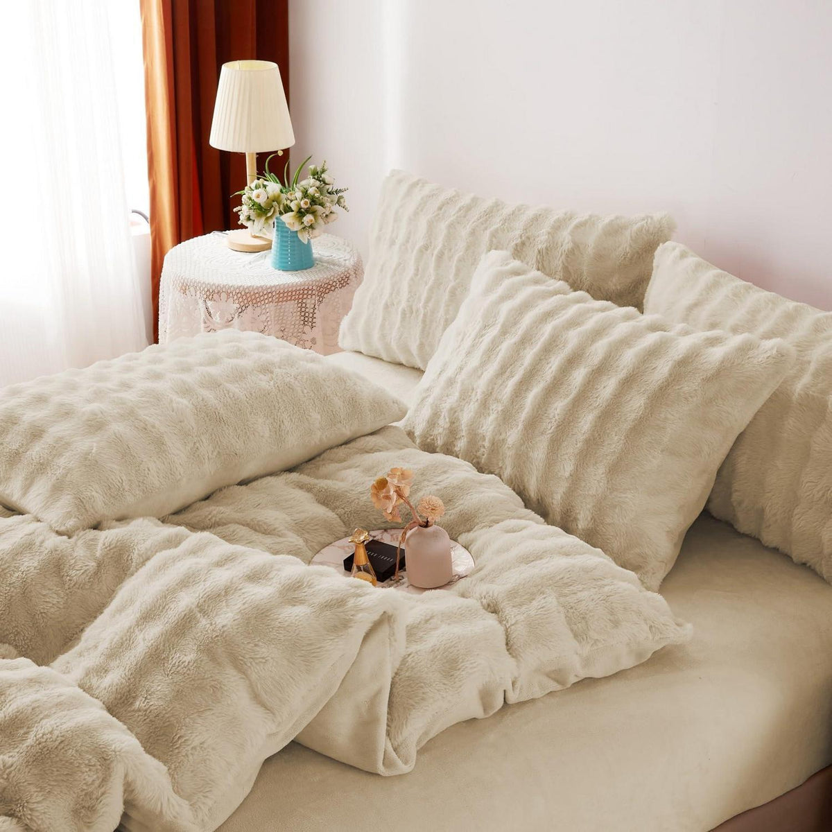 Langhaar Plüsch Bettwäsche Set 200x200 Beige, Winterwarm & Flauschig