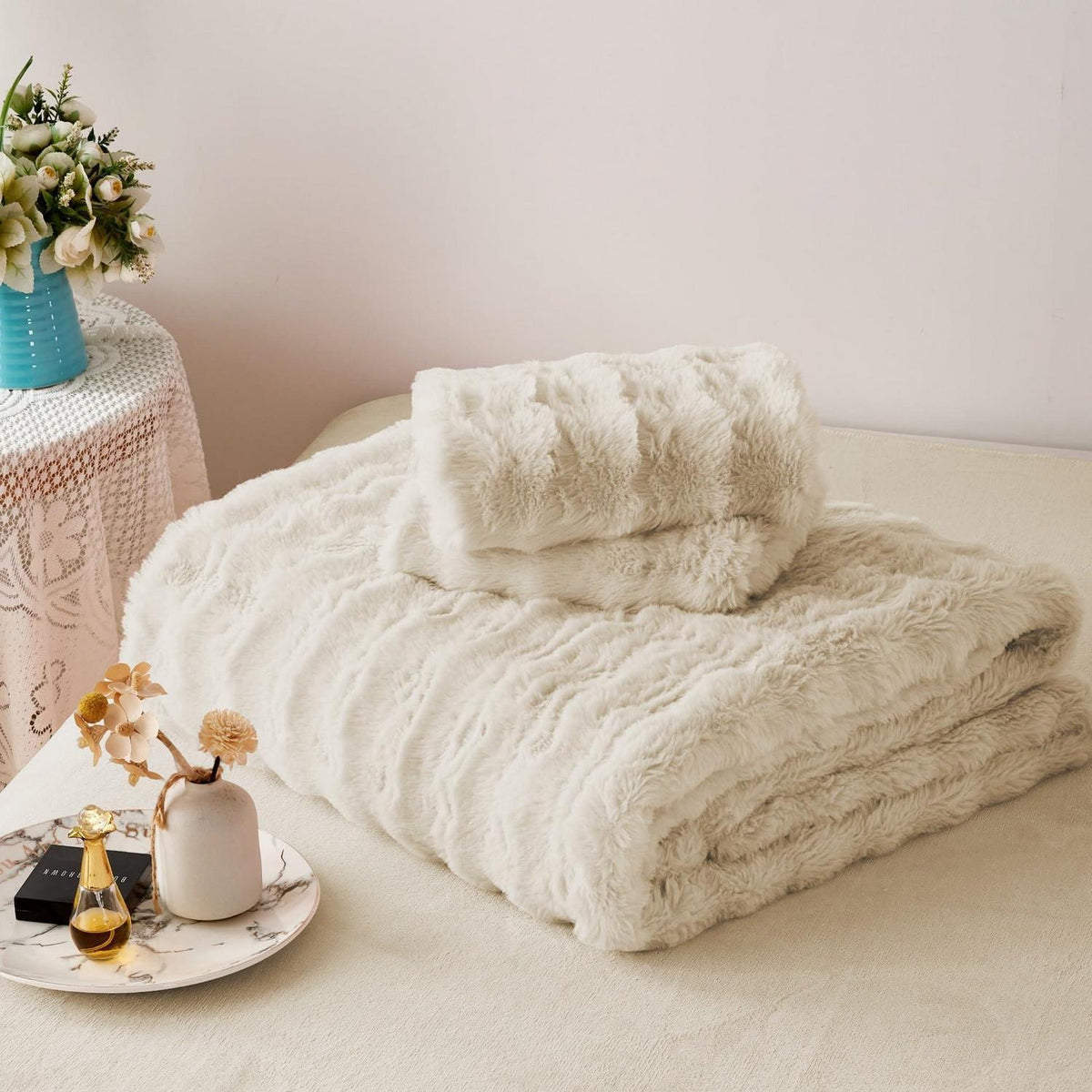 Langhaar Plüsch Bettwäsche Set 200x200 Beige, Winterwarm & Flauschig