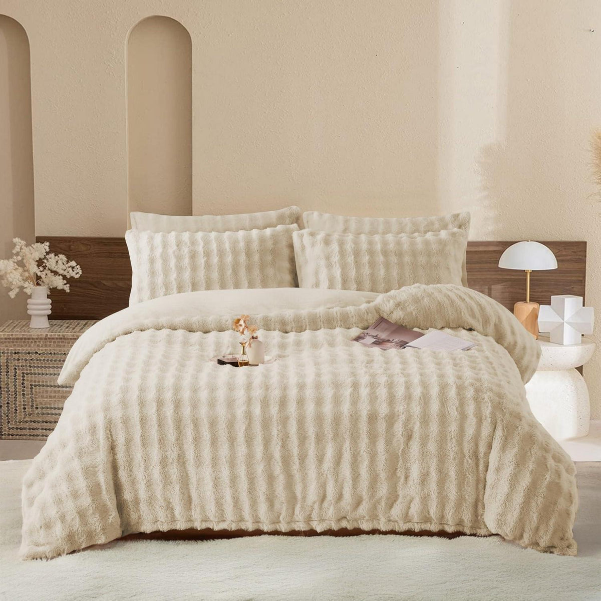 Langhaar Plüsch Bettwäsche Set 135x200 Beige - Winterwarm & Flauschig