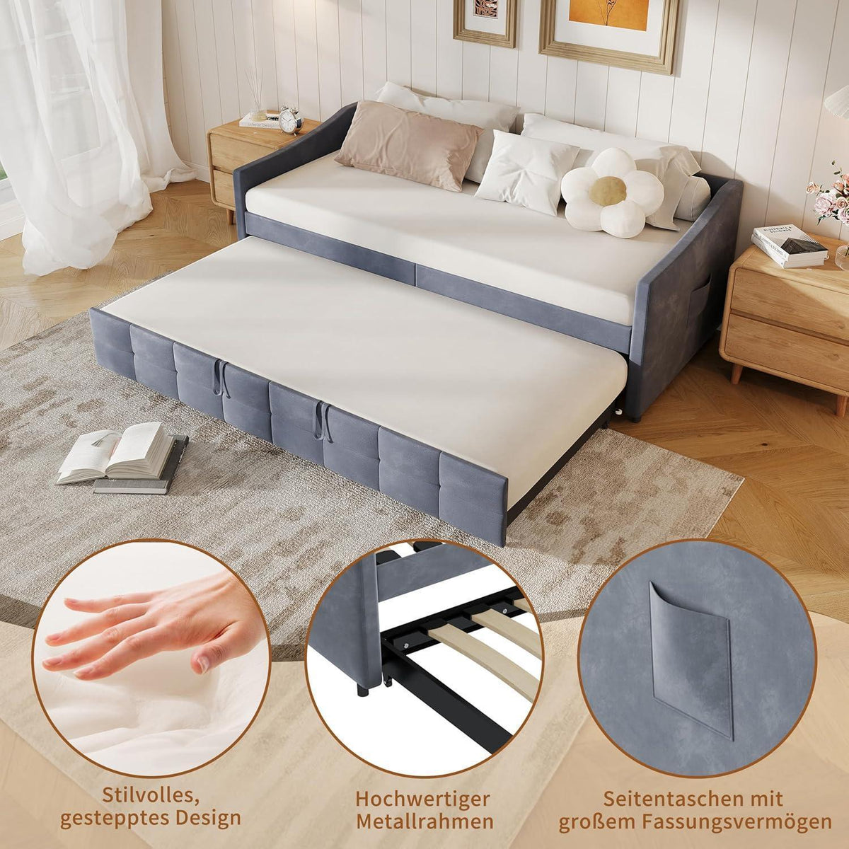 Ausziehbett 180x200 cm – Schlafcouch mit Flanell Grau