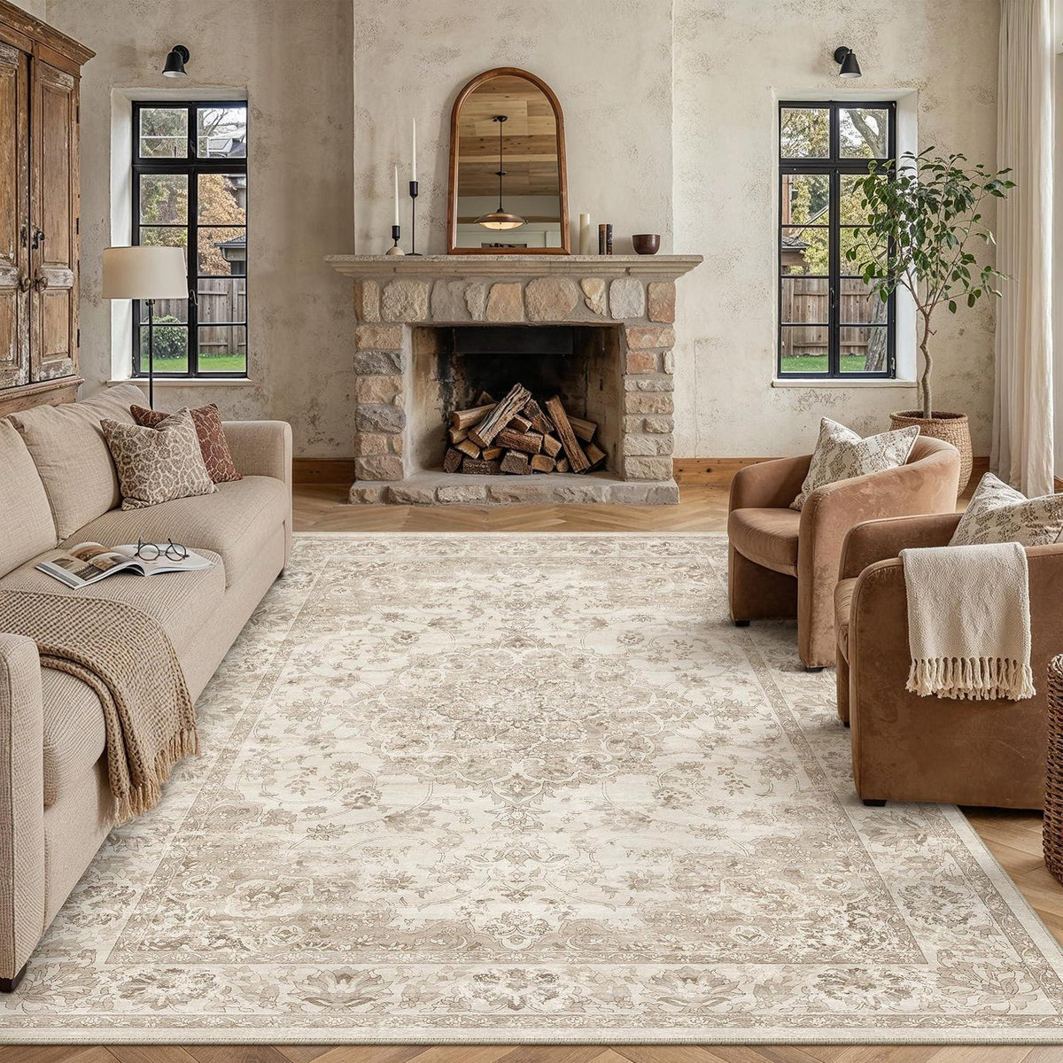 Beiger Wohnteppich 200x300cm – Waschbar & Vintage Kurzflor