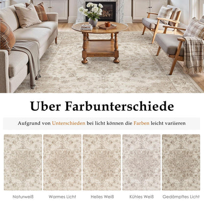 Beiger Wohnteppich 200x300cm – Waschbar & Vintage Kurzflor