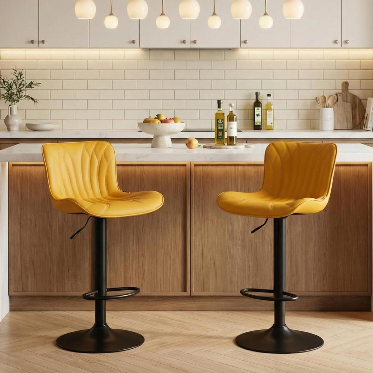 Drehbarer Barhocker 2er Set, Höhenverstellbar, Zitronengelb in Lederoptik