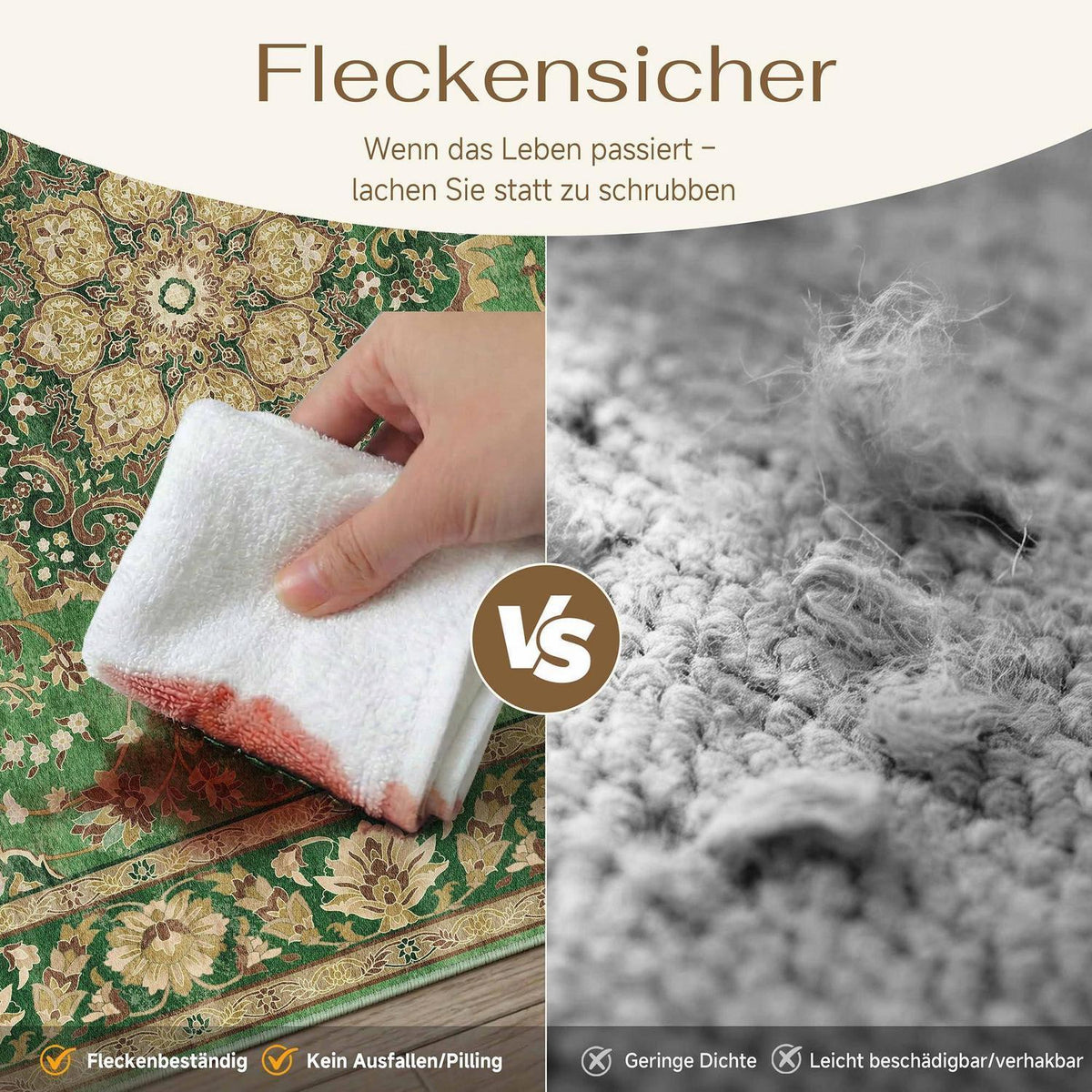Waschbarer Teppich Grün Gold 200x300cm – Vintage Kurzflor