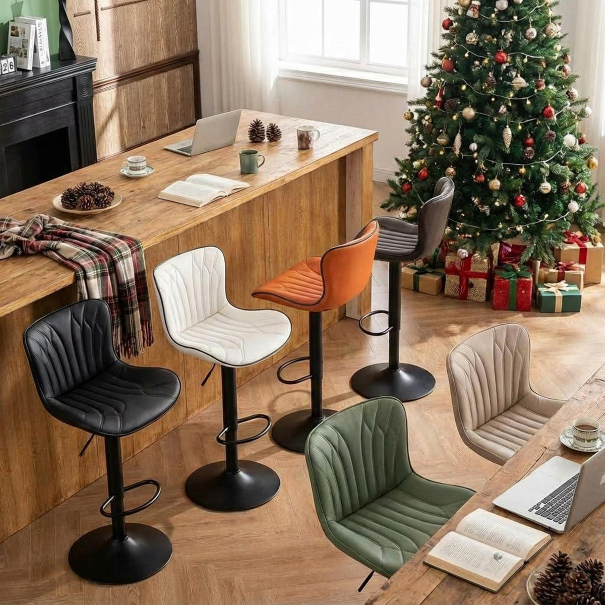 Drehbarer Barhocker Set, Höhenverstellbar, Orange in Lederoptik