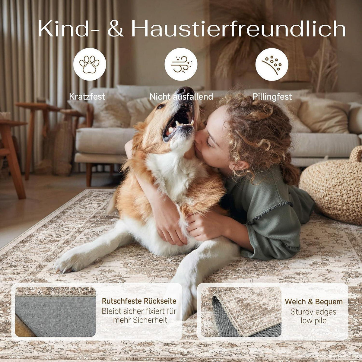 Braun Wohnteppich 200x300cm – Waschbar & Rutschfest