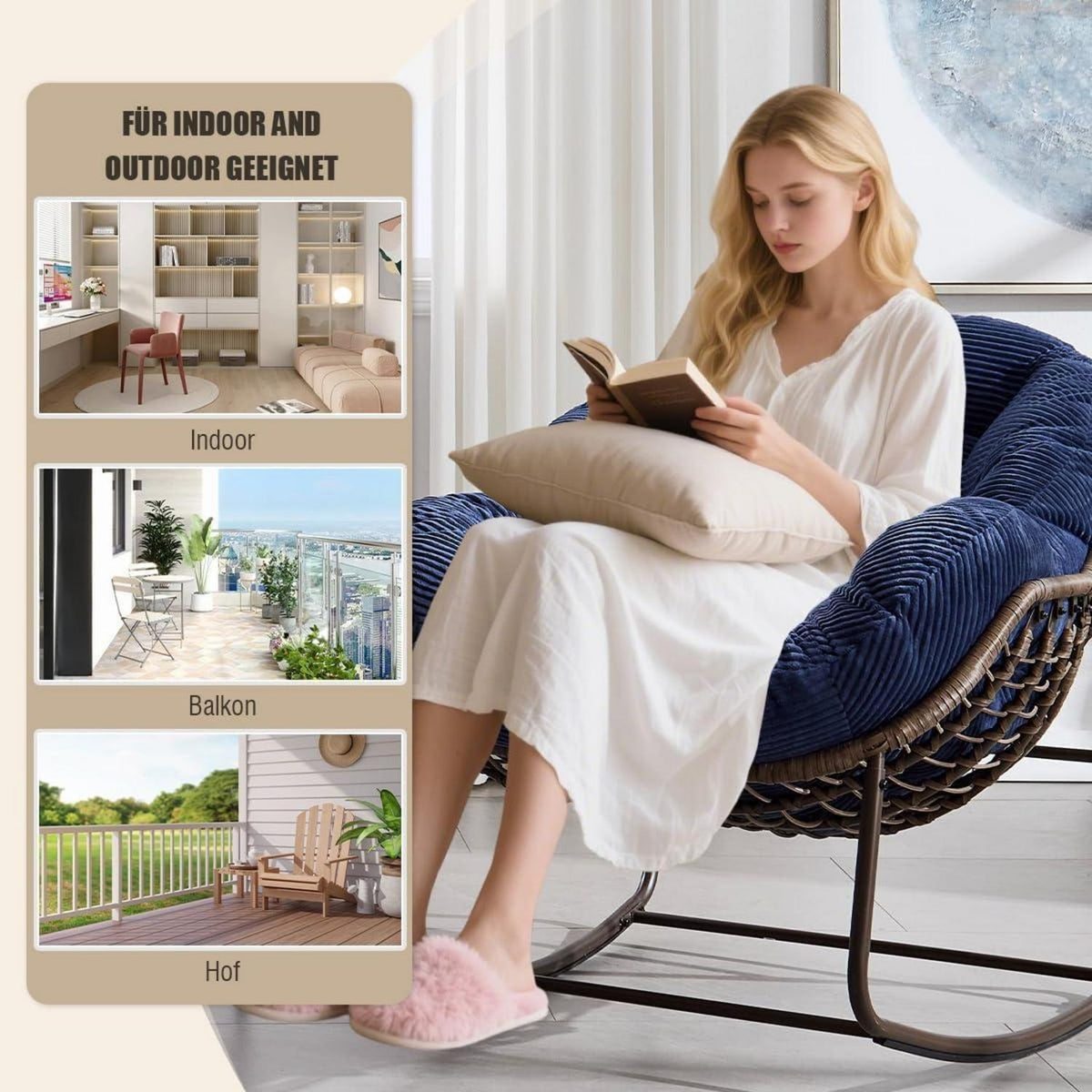 Rattan Schaukelstuhl Eiförmig Cord Blau Dunkelblau - Indoor Outdoor