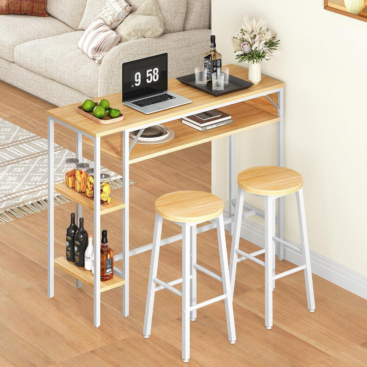HOOBRO Bartisch Set für 2 Personen – Weiß & Natur