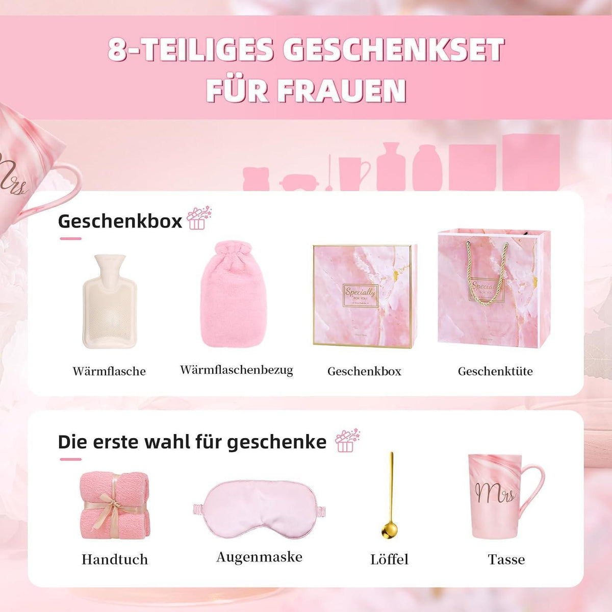 Wärmflasche Geschenkset Rosa mit Tasse & Zubehör
