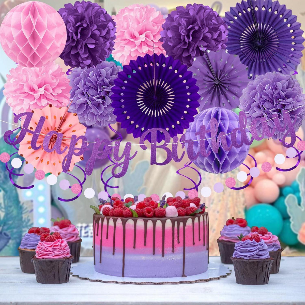 Lila Rosa Geburtstag Deko Set – 20 Teile Party Banner & Girlande