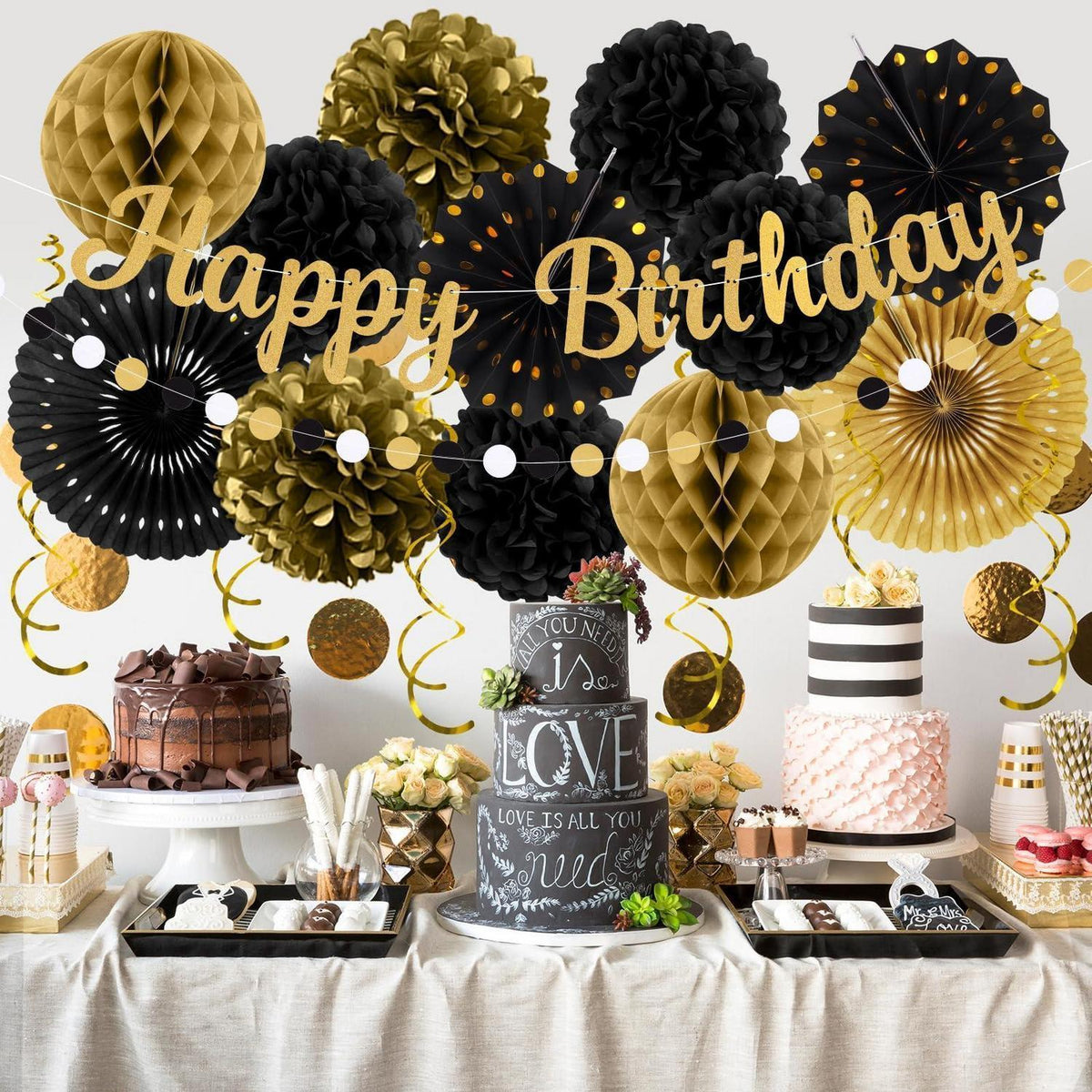 Geburtstagsdeko Set Schwarz Gold – 20 Teile Party Deko
