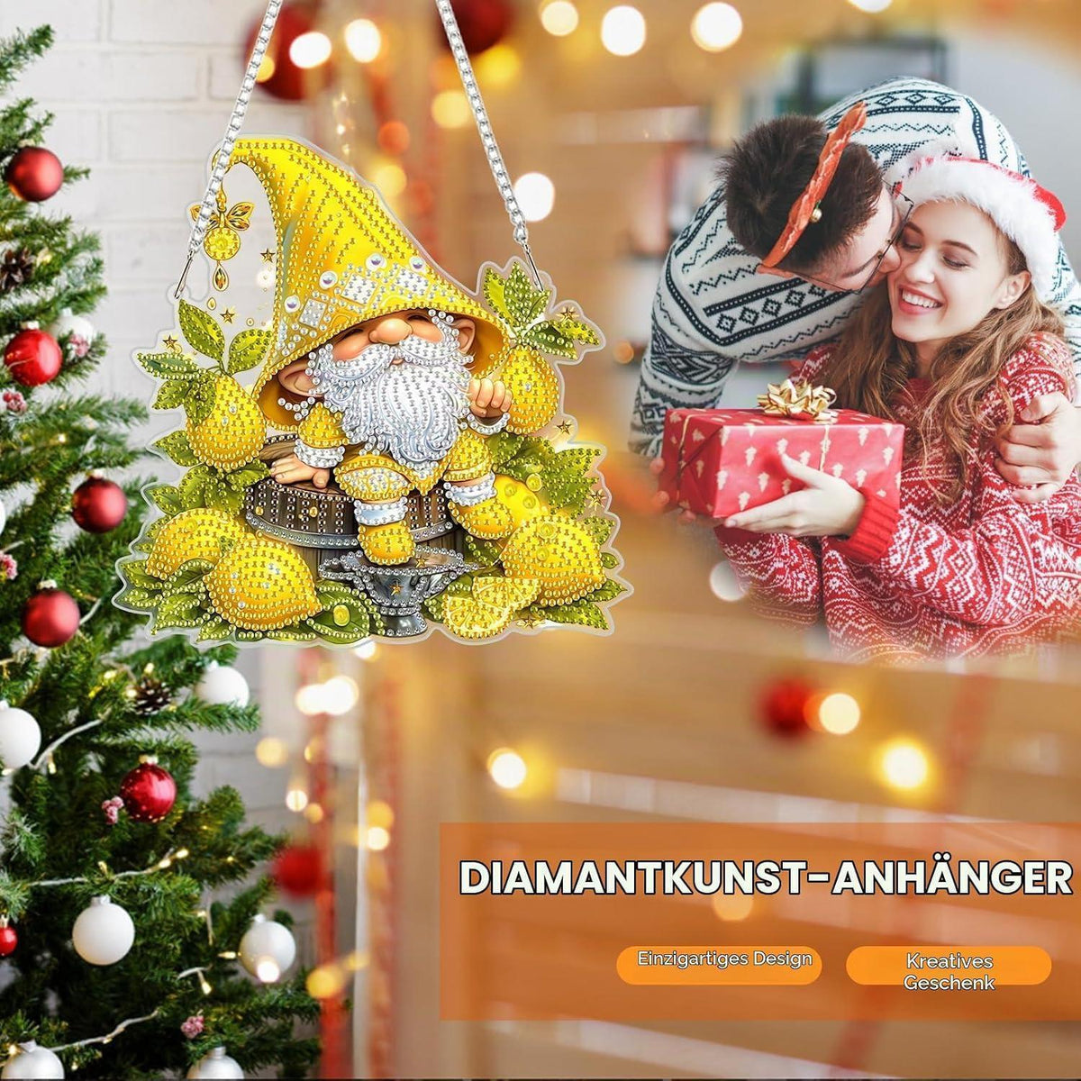 Diamant Painting Anhänger Zwerg mit Zitrone – Bastelset Geschenk