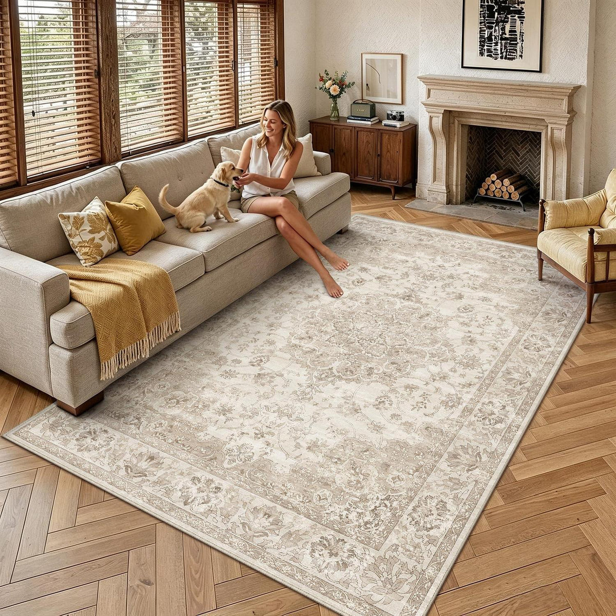 Beiger Wohnteppich 300x400cm – Waschbar & Vintage Kurzflor