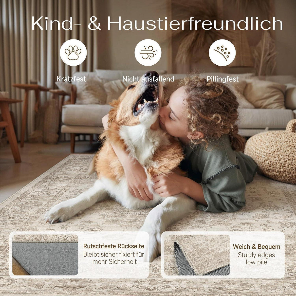 Beiger Wohnteppich 300x400cm – Waschbar & Vintage Kurzflor