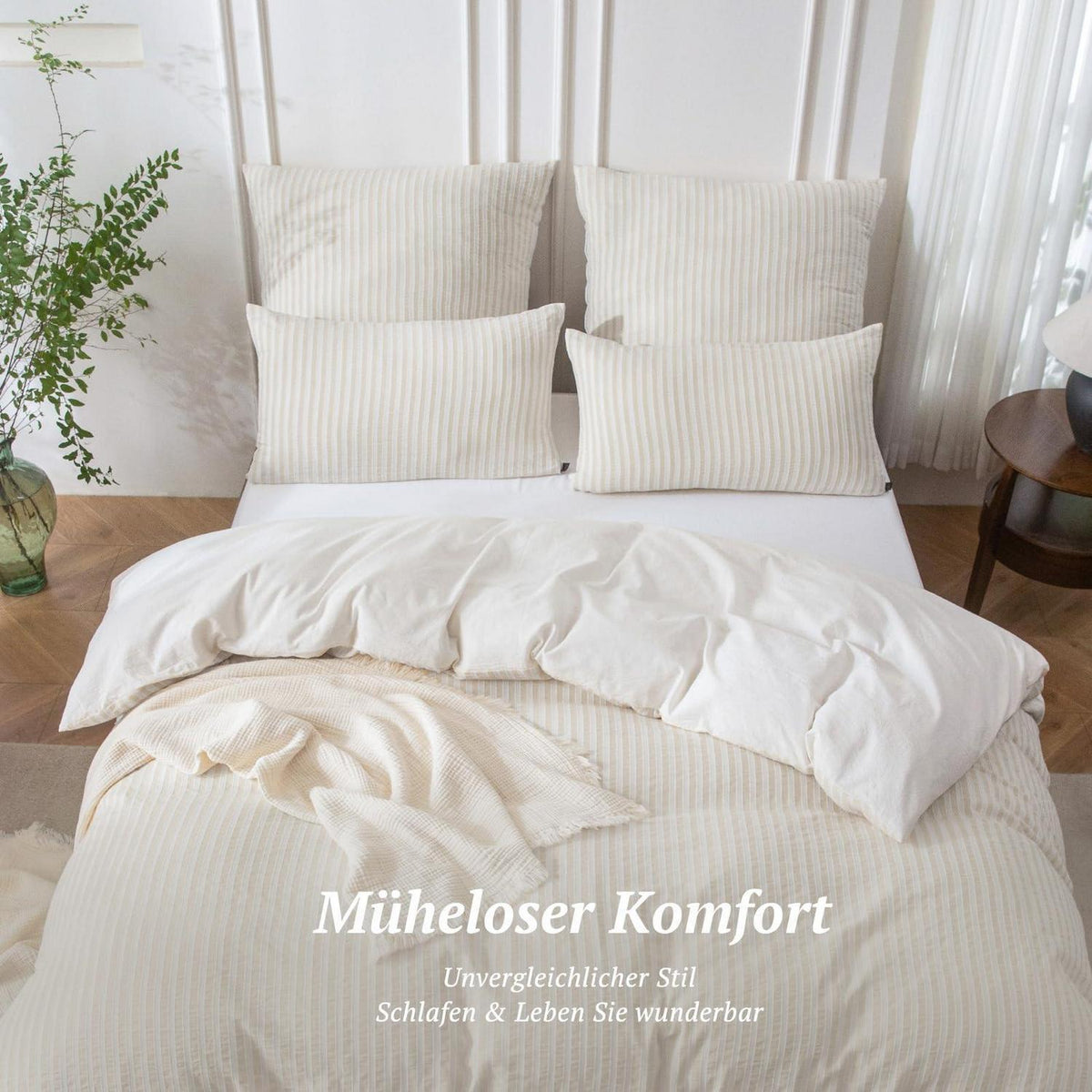 Bettwäsche-Set 135x200 Baumwolle Gestreift Beige & Grau 4tlg.