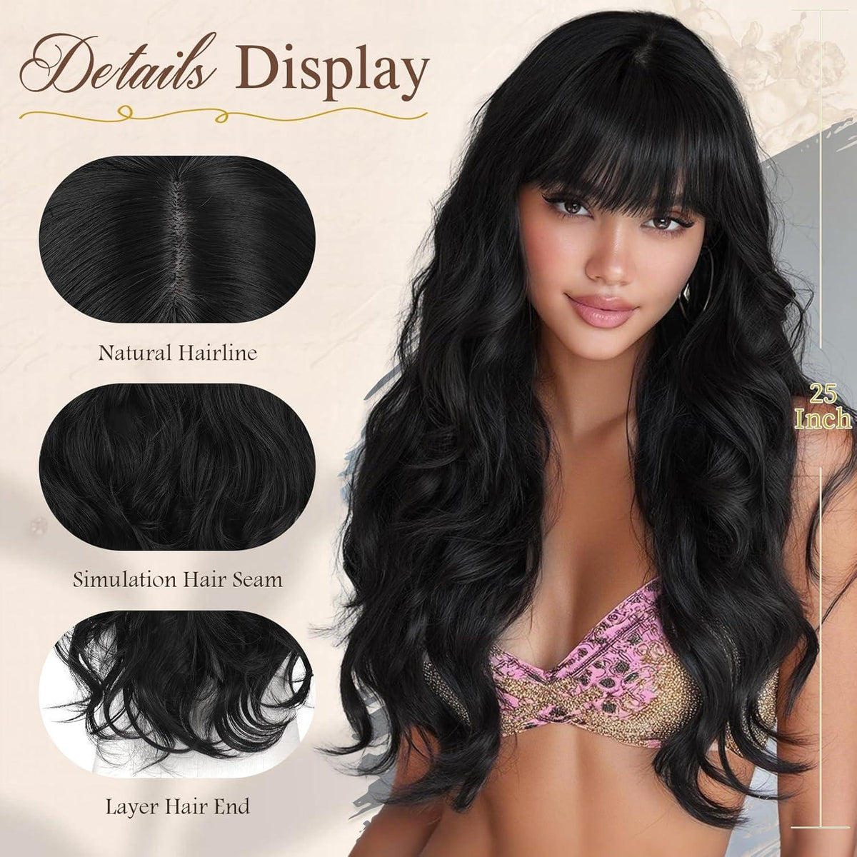 Welliges Schwarz Pony Perücke 60cm – Hitzebeständig & Natürlich