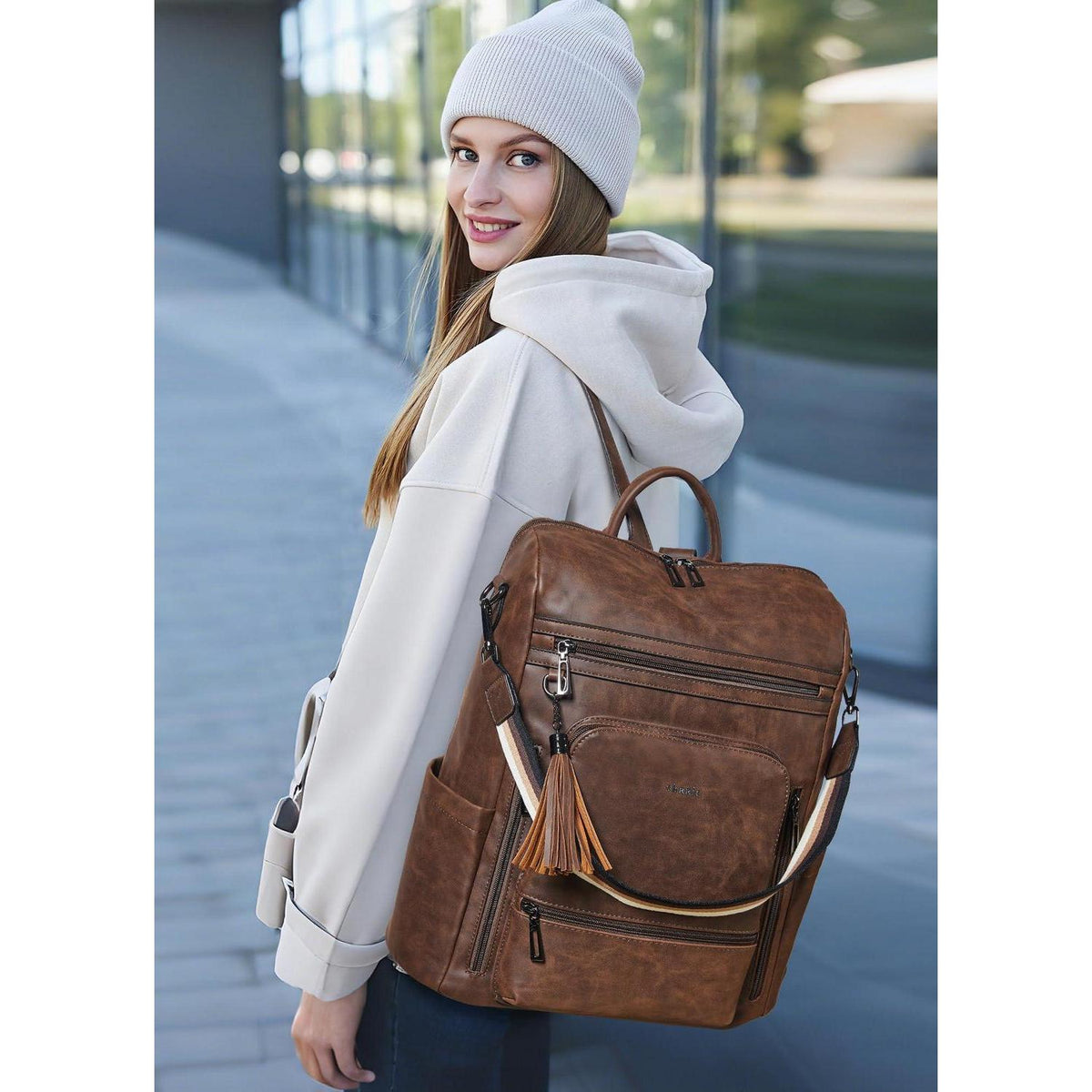 Rucksack Damen Laptopfach 15,6 Zoll Wasserdicht Business in Lederoptik