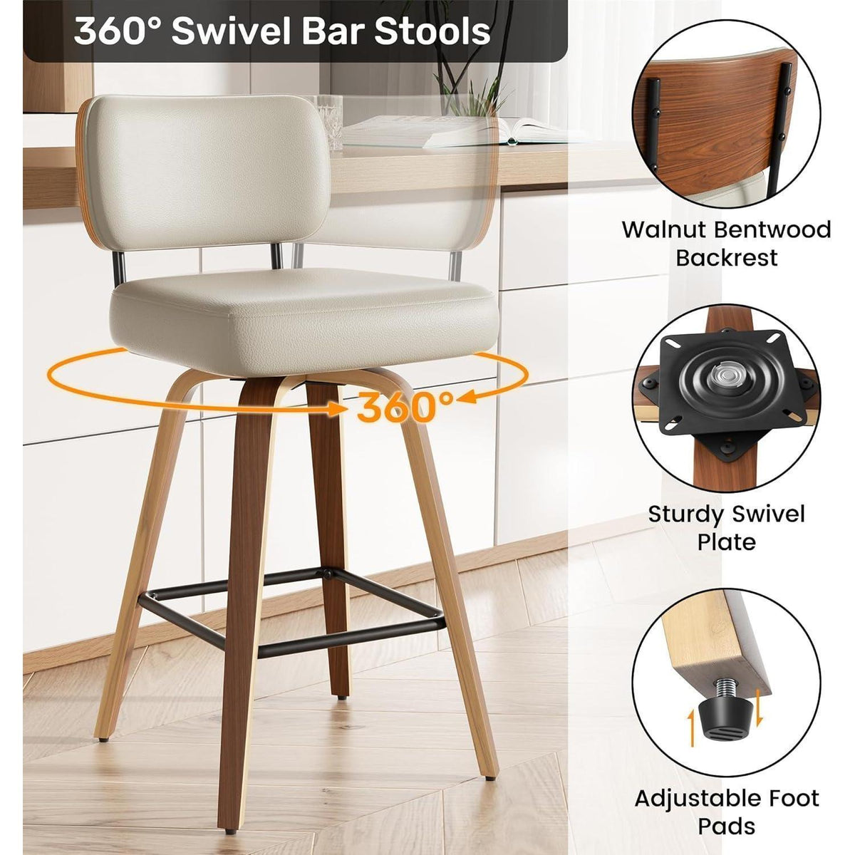 Drehbarer Barhocker 2er Set – Mid-Century Design, 65cm Sitzhöhe