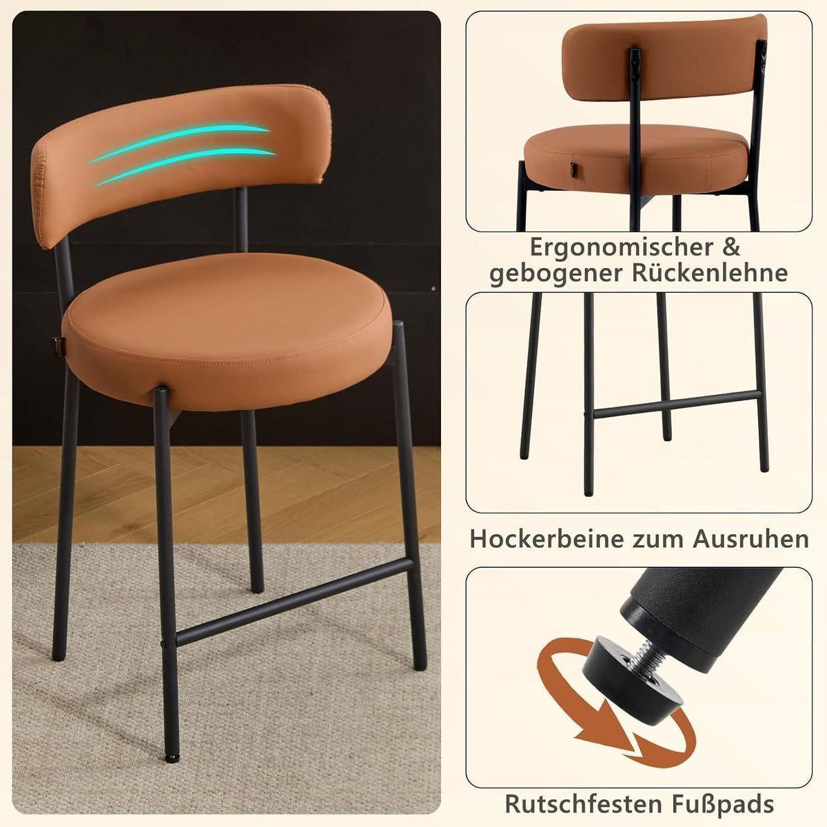 Barhocker Set 4er – Braun, 63,5cm Sitzhöhe in Lederoptik