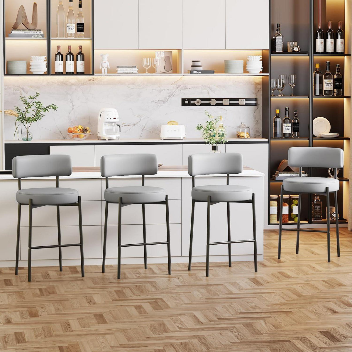 Barhocker Set 4er Grau – Gepolsterte Barstühle mit Rückenlehne