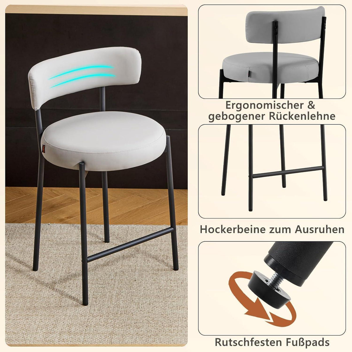 Barhocker Set 4er Grau – Gepolsterte Barstühle mit Rückenlehne
