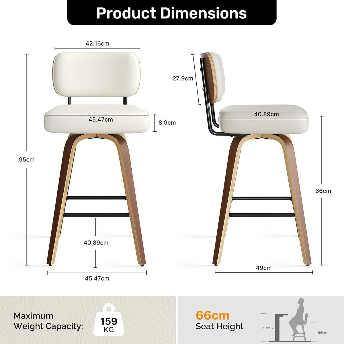 Drehbarer Barhocker 4er Set – Beige, 65cm Sitzhöhe, Mid-Century