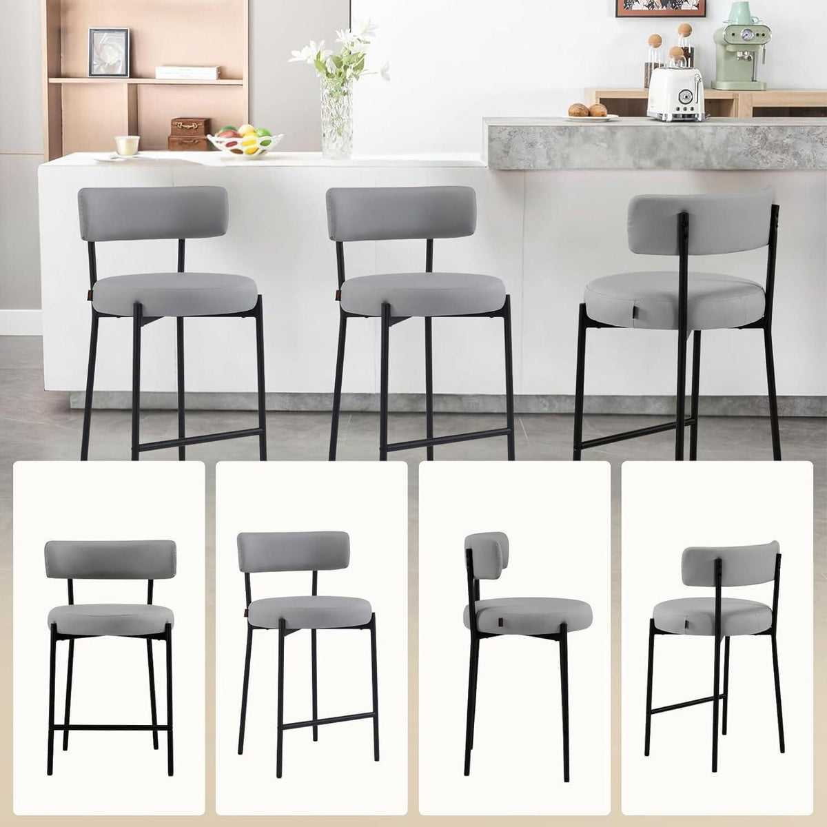 Barhocker Set 3er Grau – Gepolsterte Barstühle mit Rückenlehne