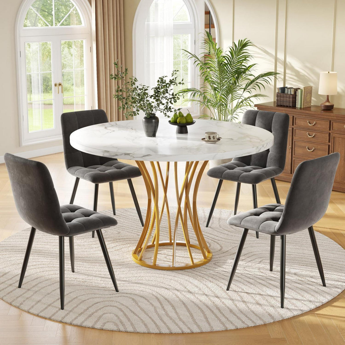 5-teiliges Esstisch Set Grau & Gold – Modernes Esszimmer mit Stühlen