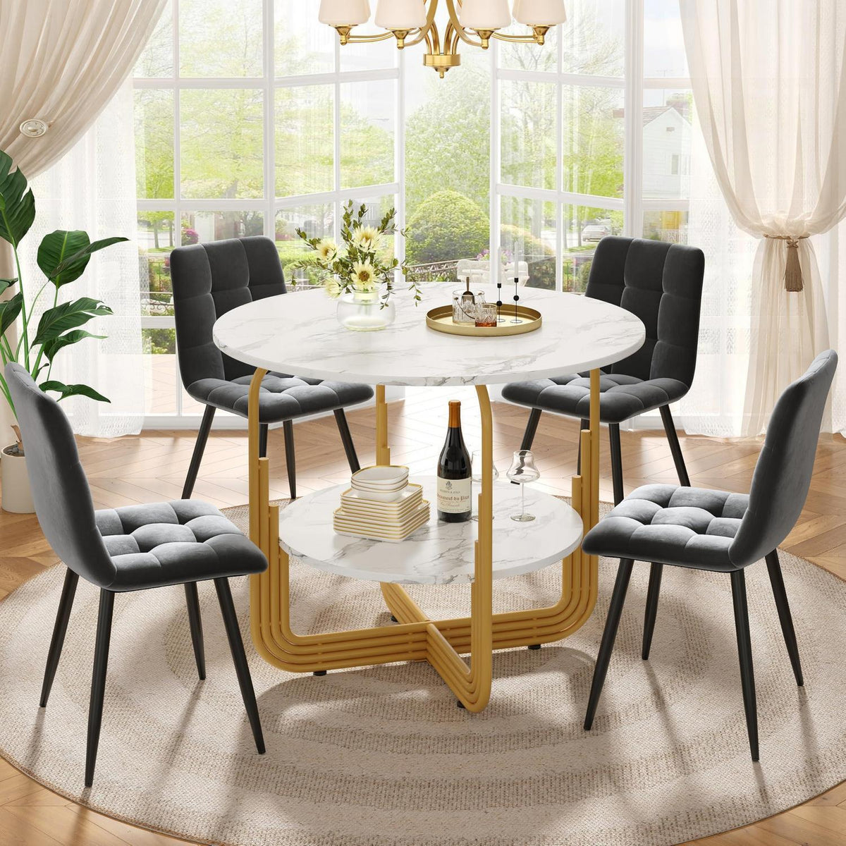 5-teiliges Esstisch Set Grau & Gold – Modernes Esszimmer mit Stühlen