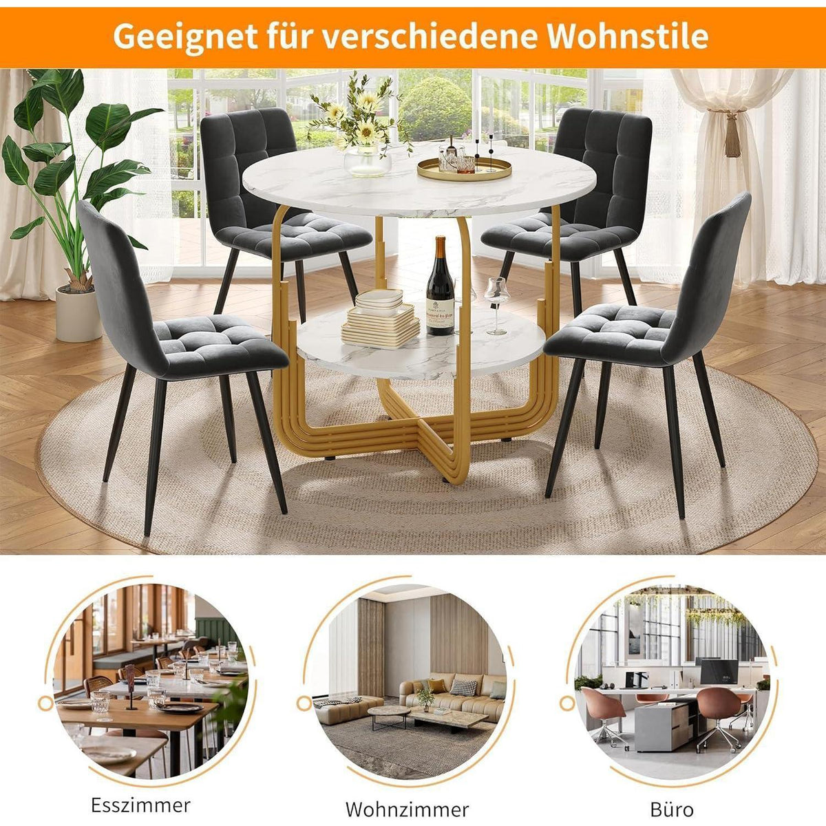 5-teiliges Esstisch Set Grau & Gold – Modernes Esszimmer mit Stühlen