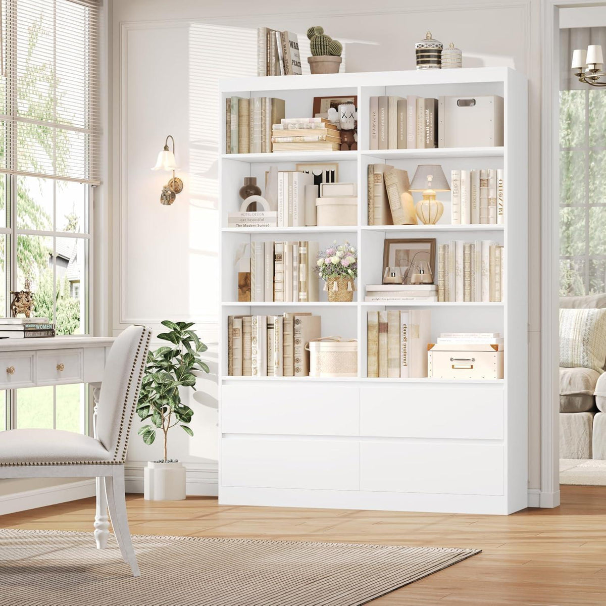 Bücherregal mit 4 Schubladen & 8 Fächern – Weißes Wohnzimmerschrank