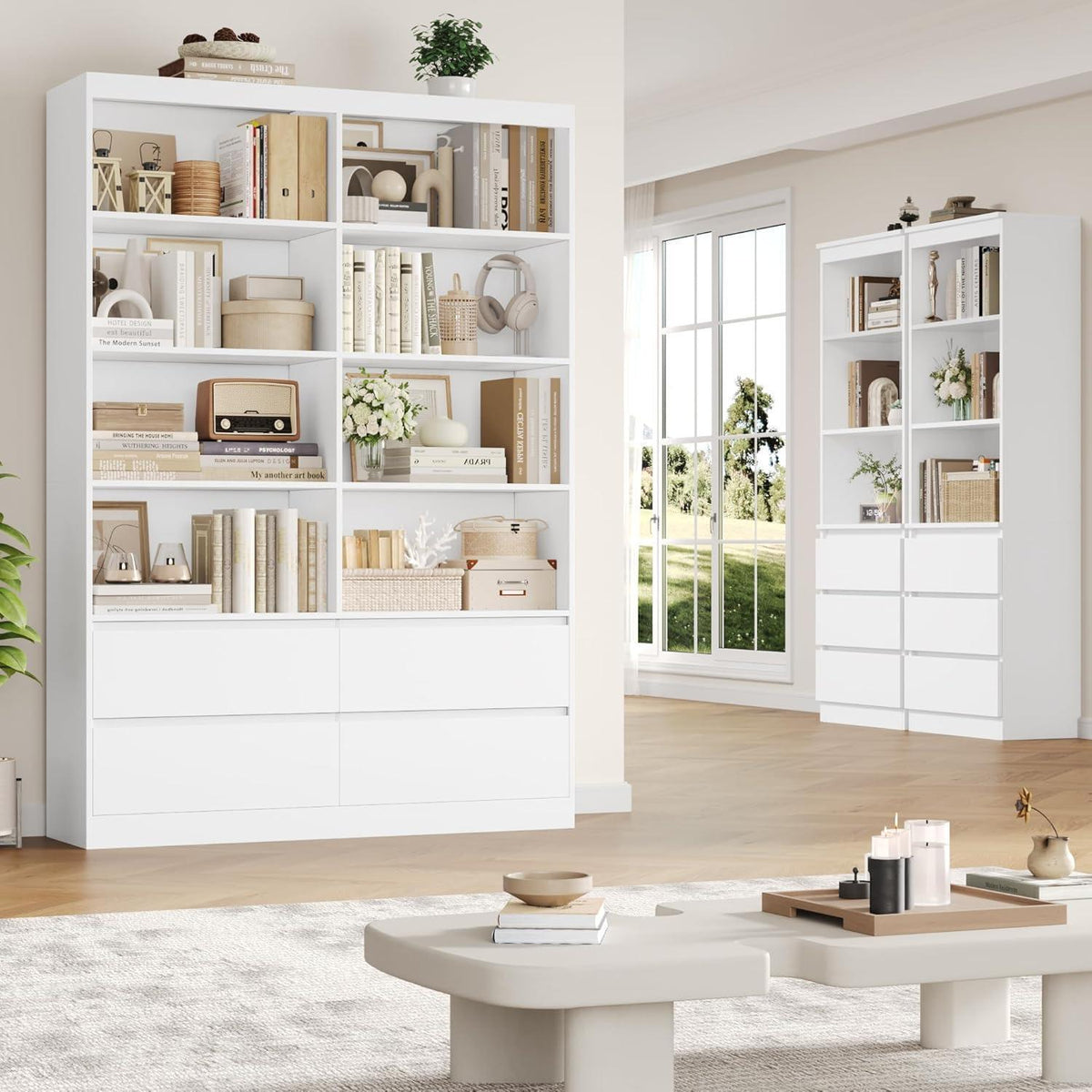 Bücherregal mit 4 Schubladen & 8 Fächern – Weißes Wohnzimmerschrank