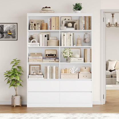 Bücherregal mit 4 Schubladen & 8 Fächern – Weißes Wohnzimmerschrank