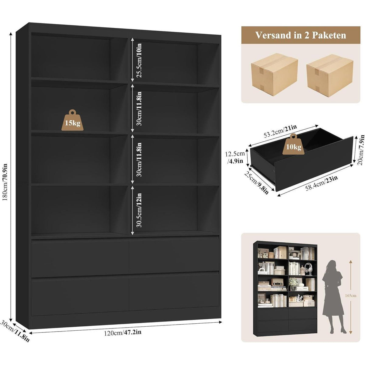 Bücherregal mit 4 Schubladen & 8 Fächern – 120x30x180cm