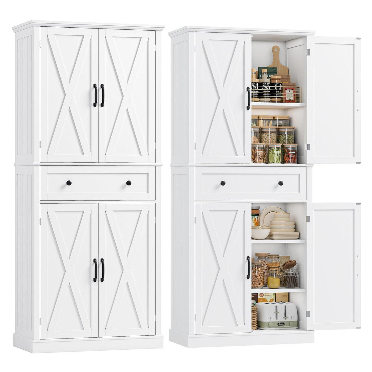 Hochschrank mit 4 Türen & Schublade – Weißes Küchenbuffet 181,5cm