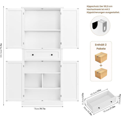 Hochschrank mit 4 Türen & Schublade – Weißes Küchenbuffet 181,5cm