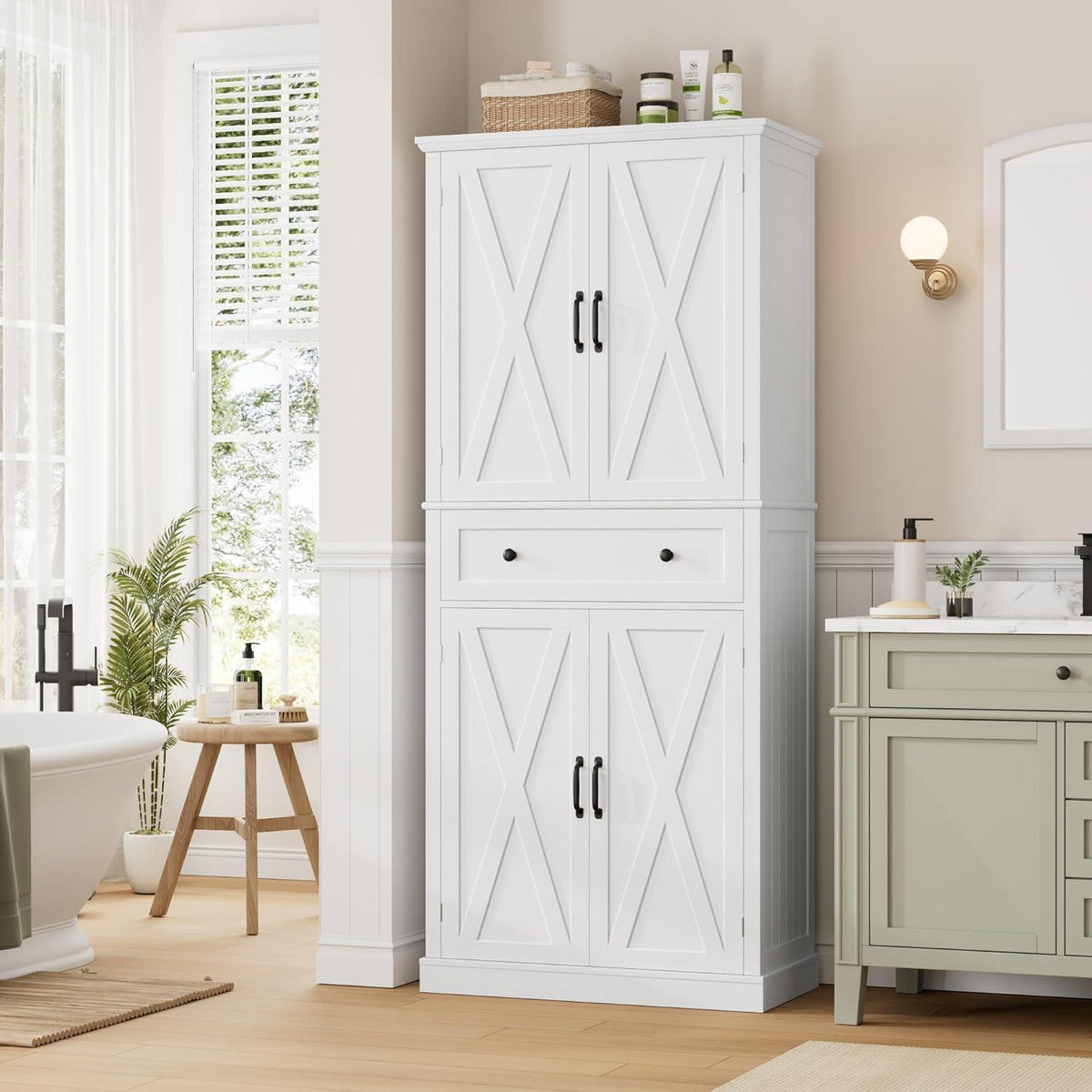 Hochschrank mit 4 Türen & Schublade – Weißes Küchenbuffet 181,5cm