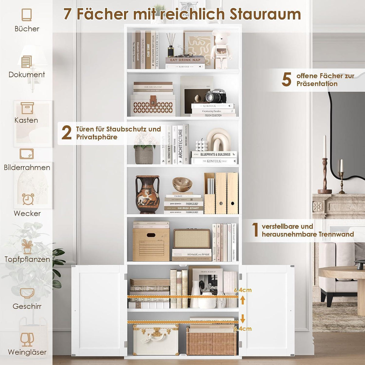 209 cm Bücherregal mit Türen & verstellbaren Regalböden