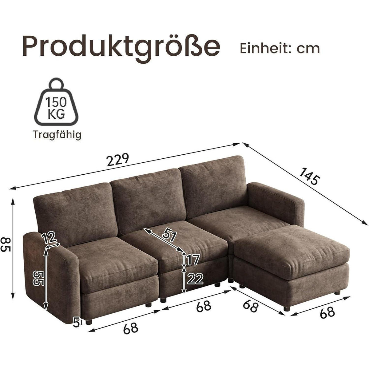 Modulares Ecksofa Braun mit Hocker & Stauraum