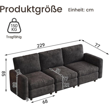 Graues 3-Sitzer Sofa aus Velours – Modernes Wohnzimmer Sofa