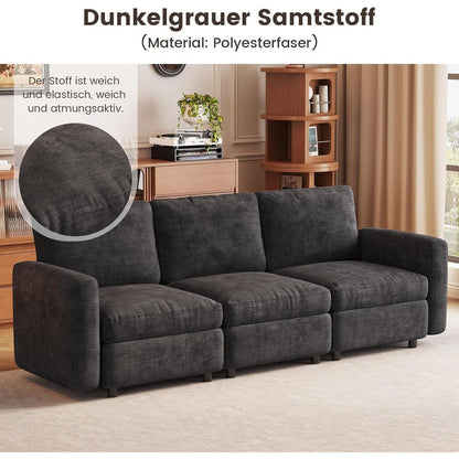 Graues 3-Sitzer Sofa aus Velours – Modernes Wohnzimmer Sofa