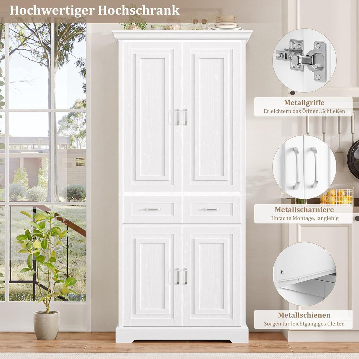 Hochschrank mit 4 Türen & Schublade – Weißes Küchenbuffet 180cm