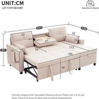 Modulares Schlafsofa L-Form mit Stauraum & Getränkehalter (Beige)