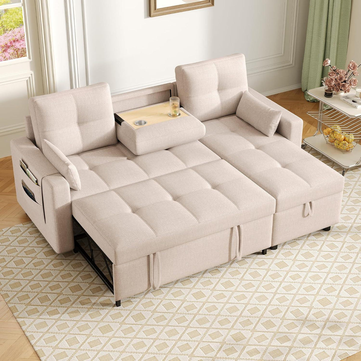 Modulares Schlafsofa L-Form mit Stauraum & Getränkehalter (Beige)